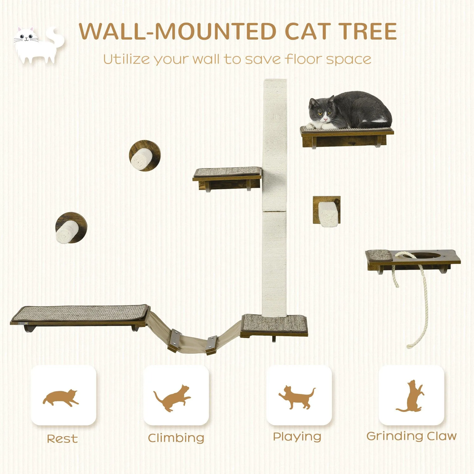 8-Piece Wall Mounted Cat Tree Shelves with Scratching Posts, Perches - Brown