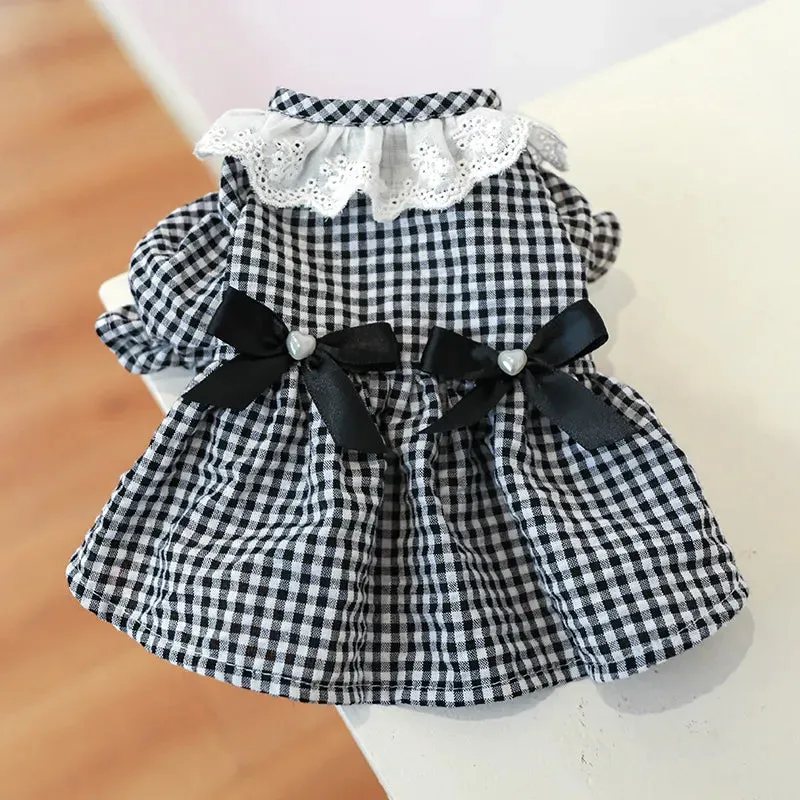 Chic Canine Couture: Dark Blue & White Plaid Princess Dress with Pearl Bow Lace Short Skirt - Ideal for Spring and Summer Pet Fashion