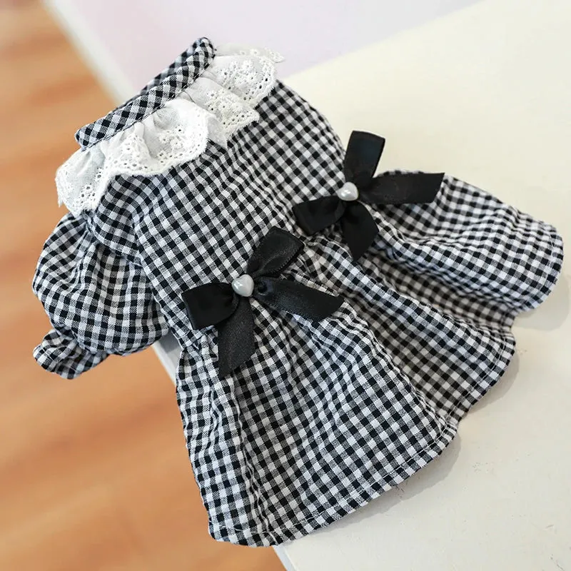 Chic Canine Couture: Dark Blue & White Plaid Princess Dress with Pearl Bow Lace Short Skirt - Ideal for Spring and Summer Pet Fashion