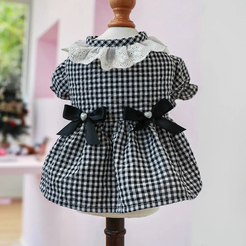 Chic Canine Couture: Dark Blue & White Plaid Princess Dress with Pearl Bow Lace Short Skirt - Ideal for Spring and Summer Pet Fashion