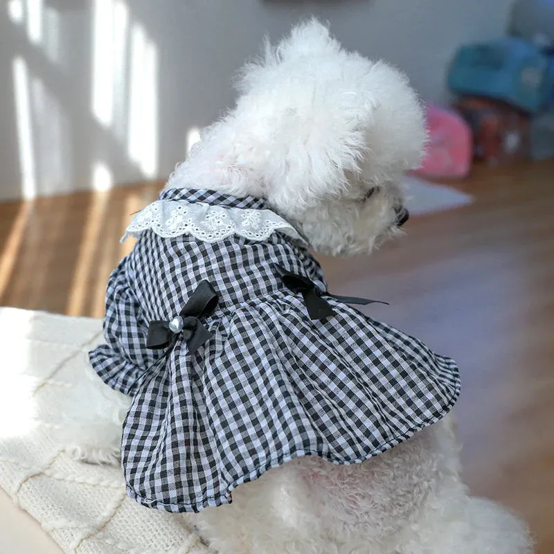 Chic Canine Couture: Dark Blue & White Plaid Princess Dress with Pearl Bow Lace Short Skirt - Ideal for Spring and Summer Pet Fashion