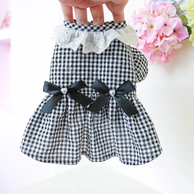 Chic Canine Couture: Dark Blue & White Plaid Princess Dress with Pearl Bow Lace Short Skirt - Ideal for Spring and Summer Pet Fashion