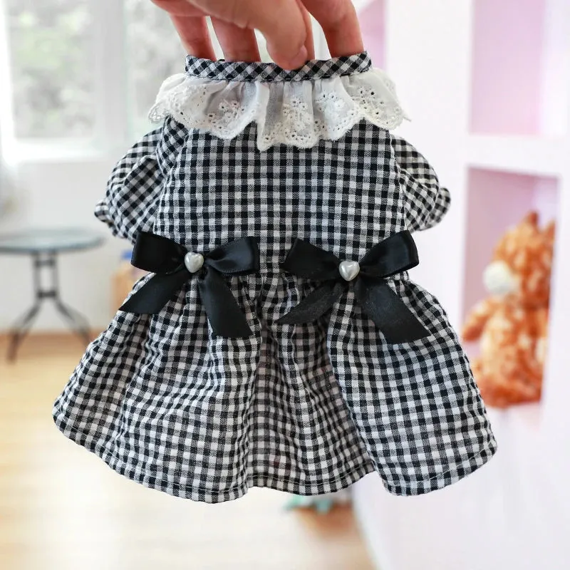 Chic Canine Couture: Dark Blue & White Plaid Princess Dress with Pearl Bow Lace Short Skirt - Ideal for Spring and Summer Pet Fashion