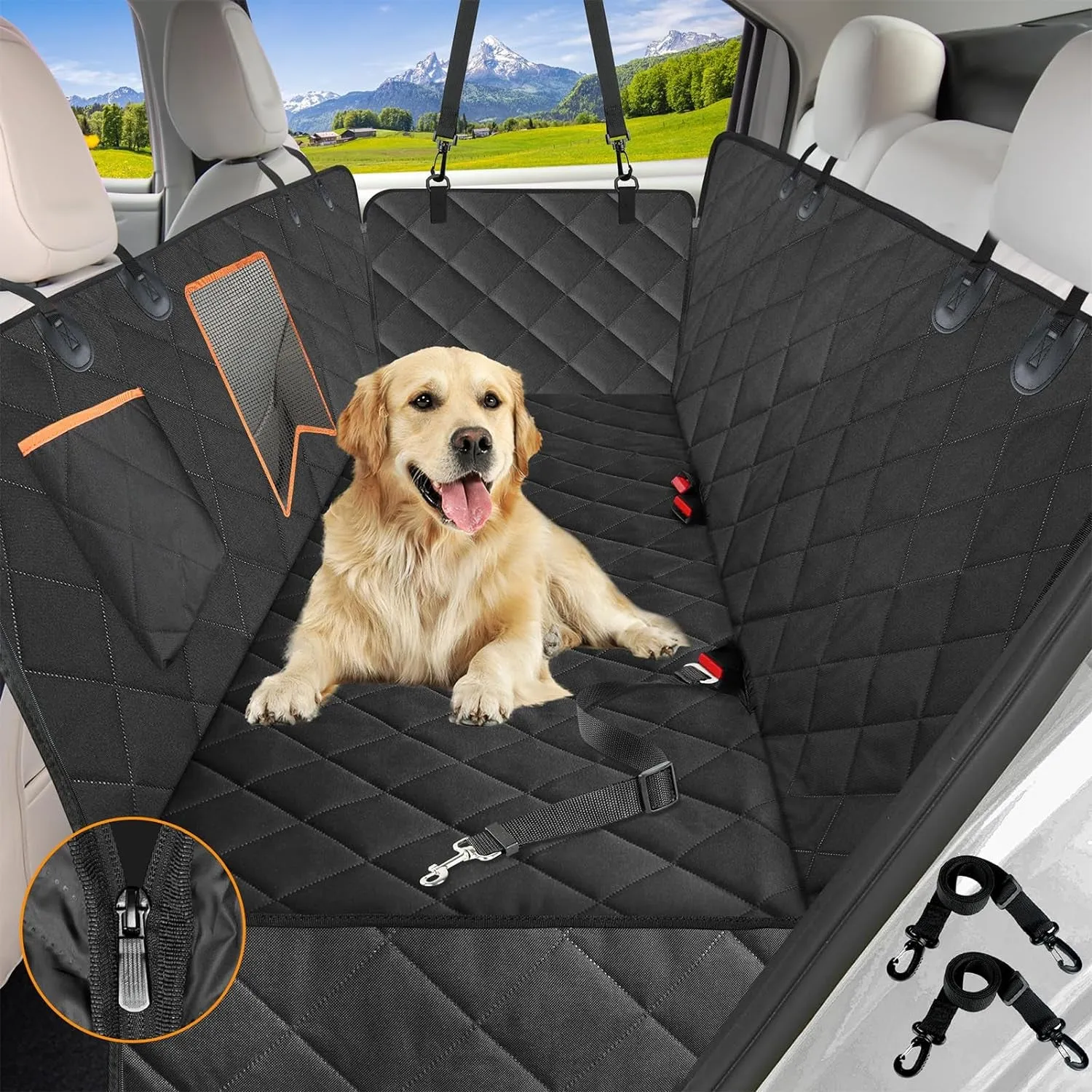 Dog Car Seat Cover for Back Seat, 100% Waterproof Dog Car Hammock with Mesh Window, Anti-Scratch Nonslip Durable Soft Pet Dog Seat Cover for Cars Trucks and SUV