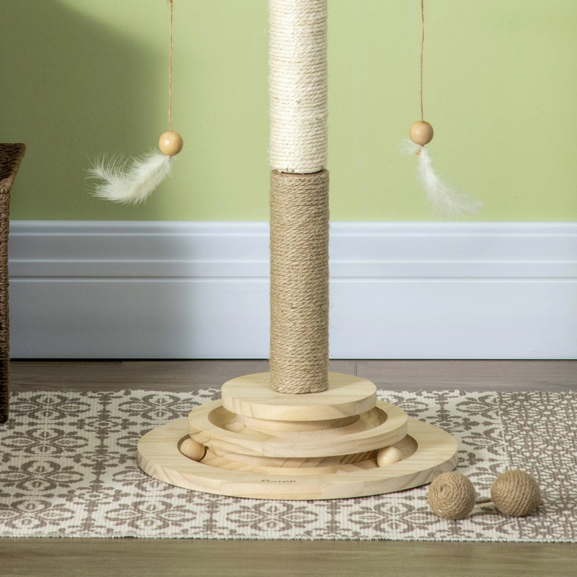 Interactive Natural Cat Tree with Ball Toy, 56cm - Natural Finish