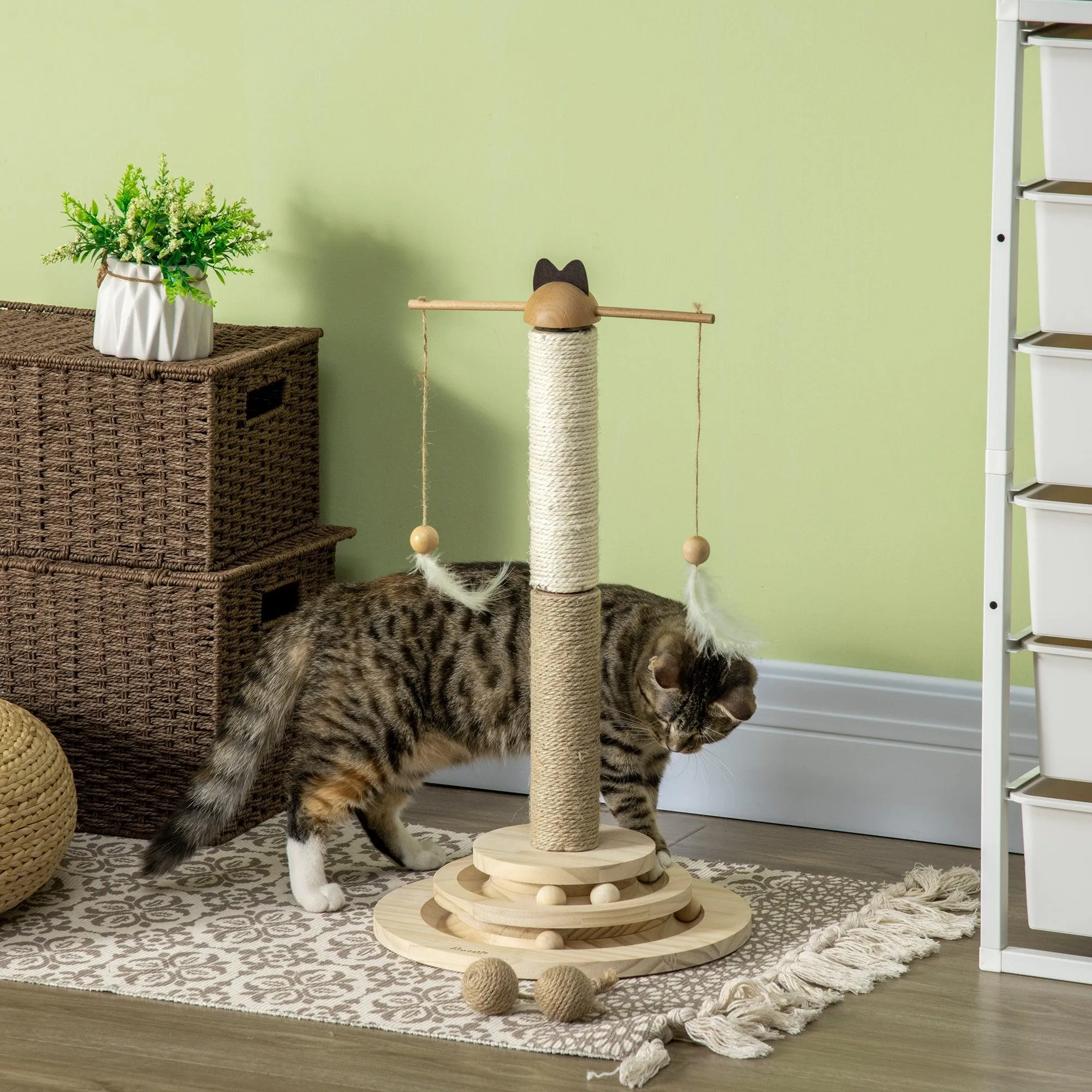 Interactive Natural Cat Tree with Ball Toy, 56cm - Natural Finish