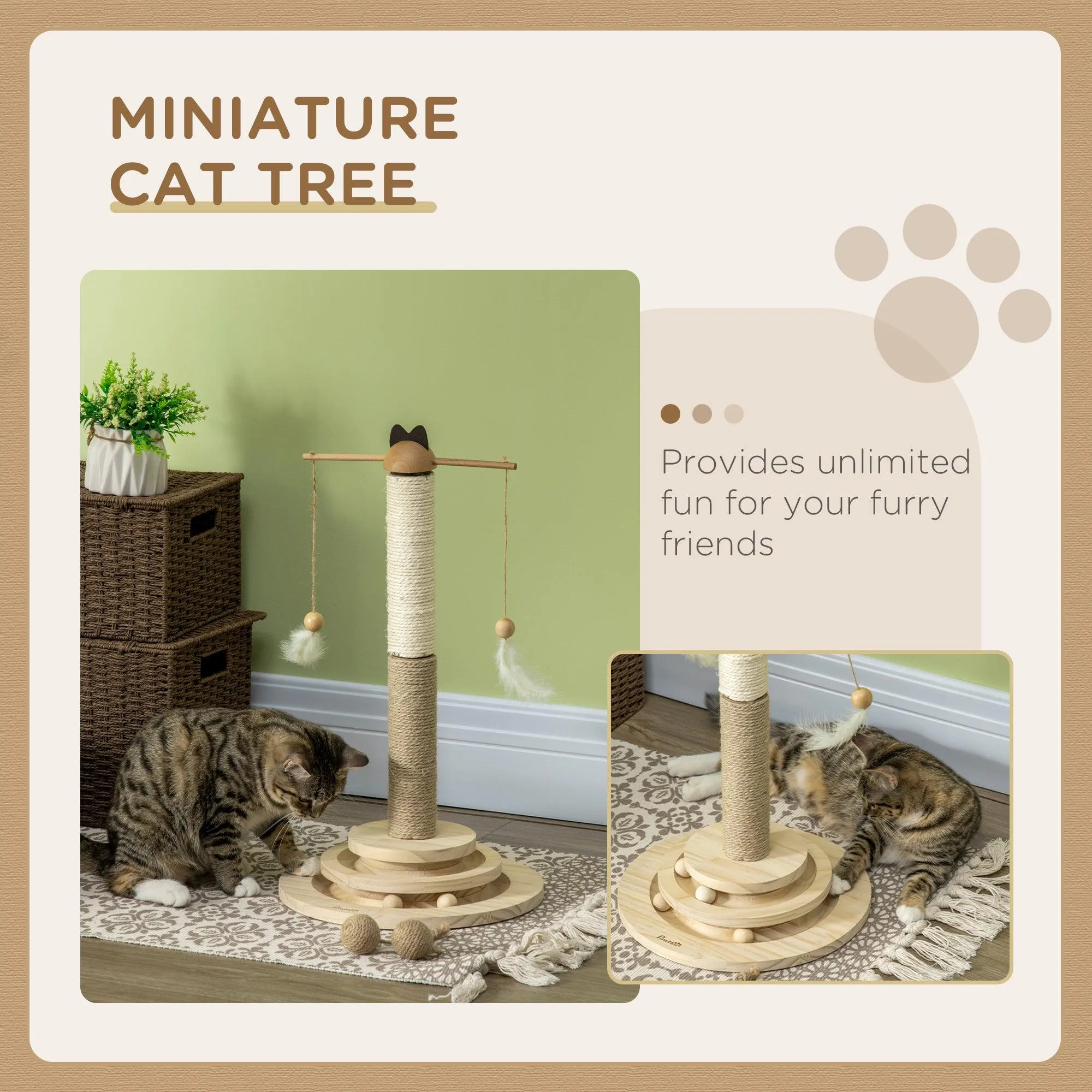 Interactive Natural Cat Tree with Ball Toy, 56cm - Natural Finish