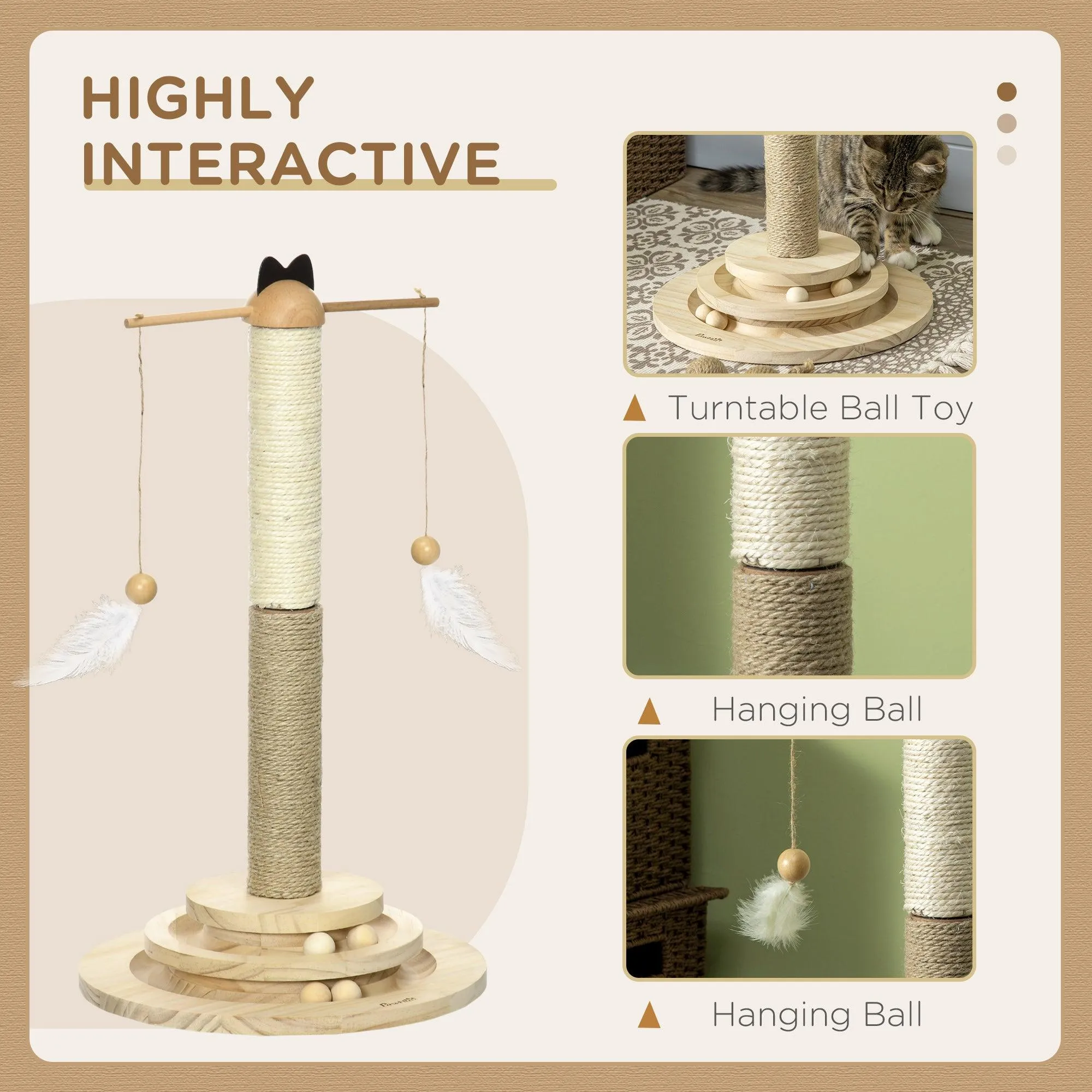 Interactive Natural Cat Tree with Ball Toy, 56cm - Natural Finish