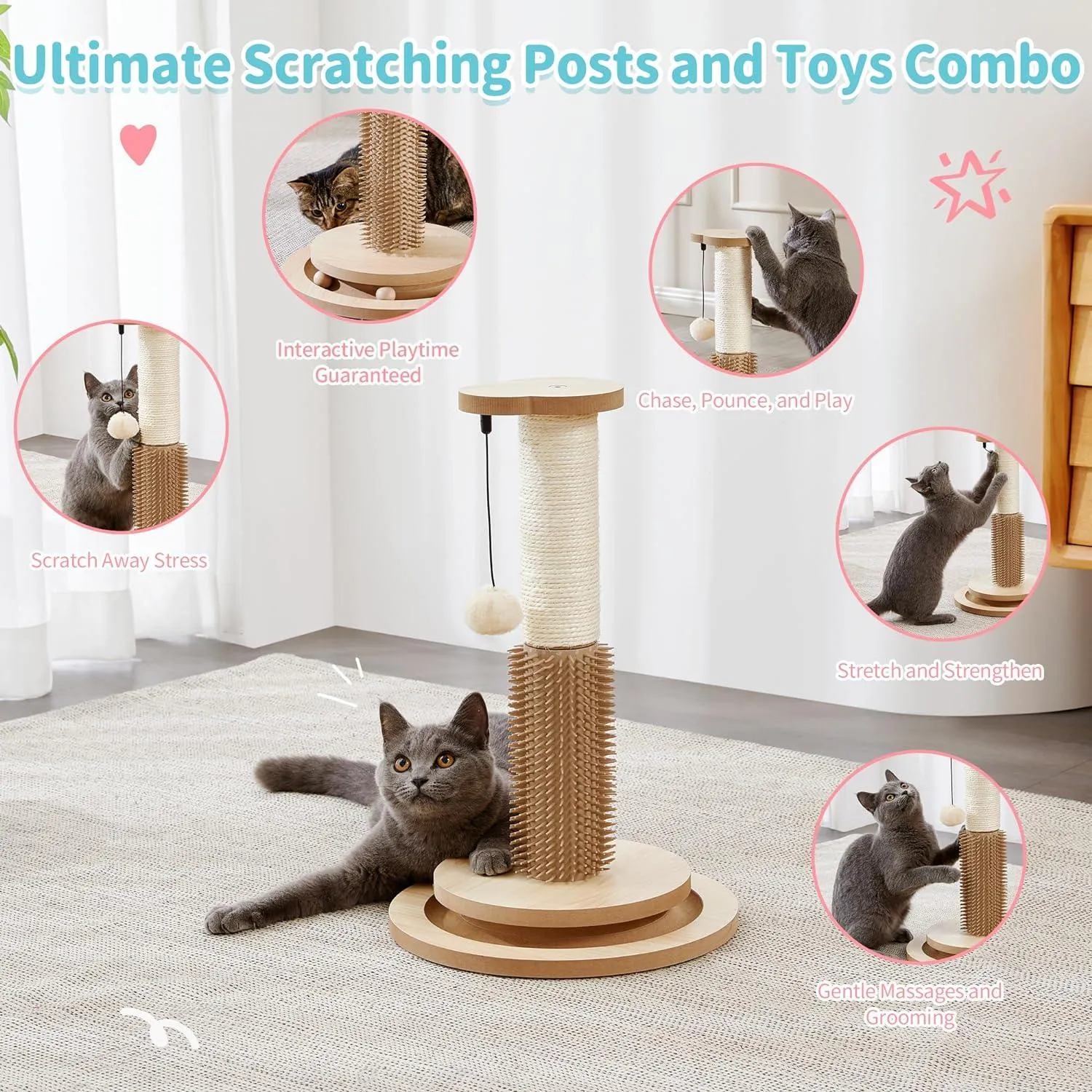 Wooden 4-in-1 Cat Scratcher with Natural Sisal Ropes