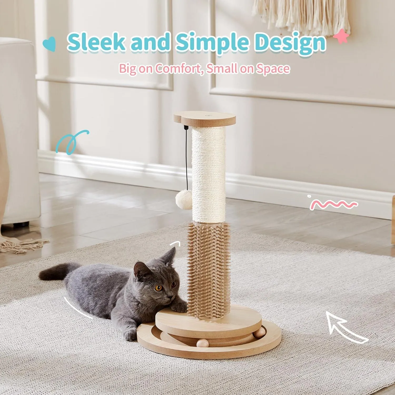 Wooden 4-in-1 Cat Scratcher with Natural Sisal Ropes