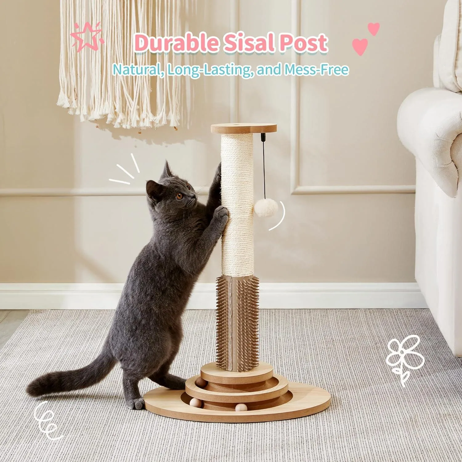 Wooden 4-in-1 Cat Scratcher with Natural Sisal Ropes