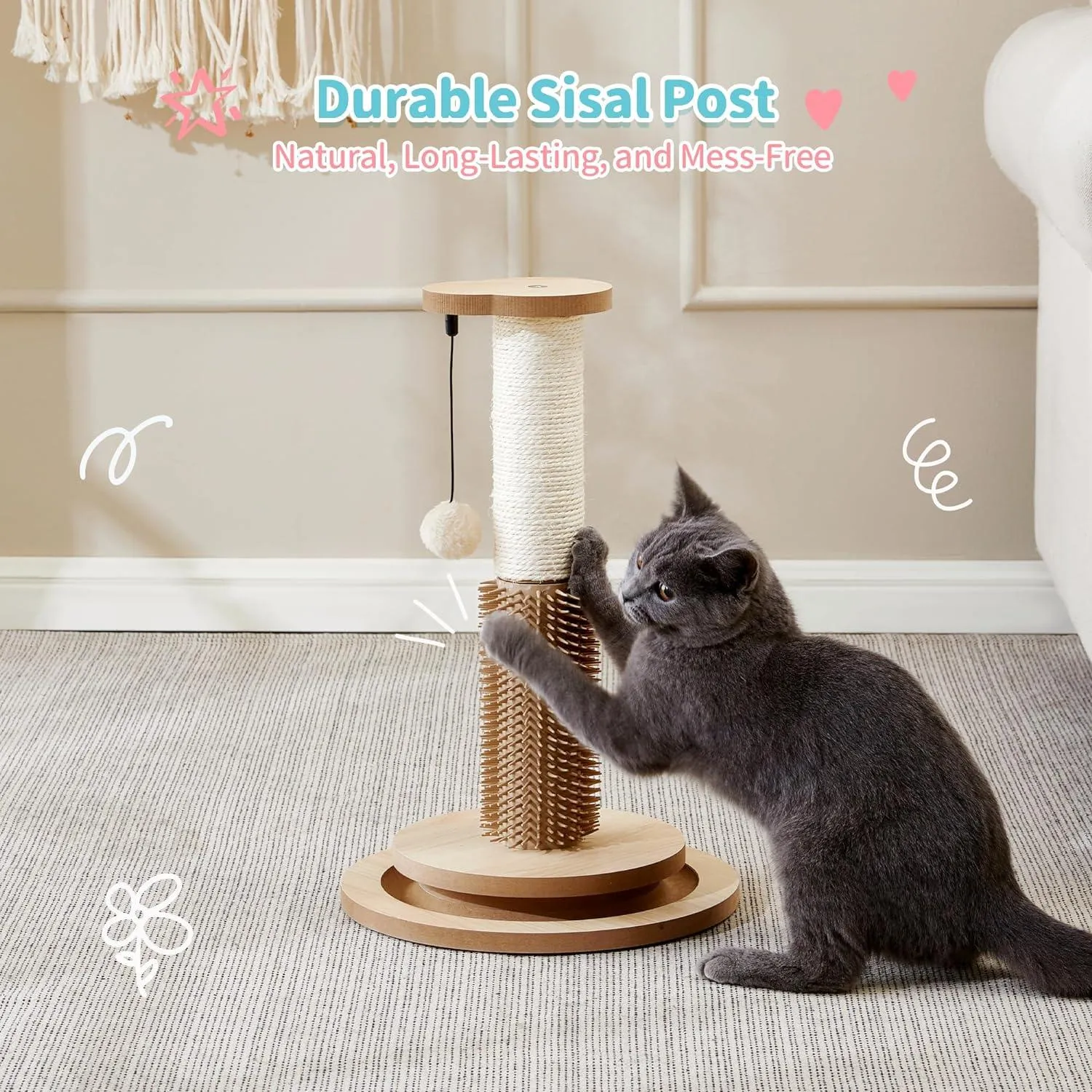 Wooden 4-in-1 Cat Scratcher with Natural Sisal Ropes