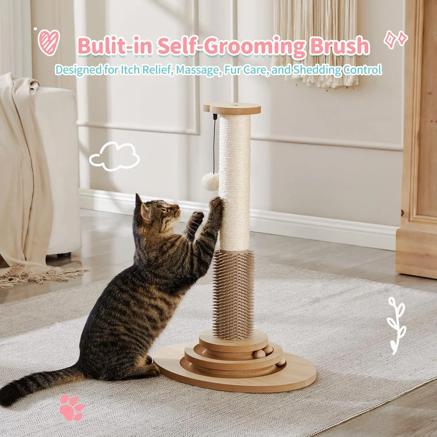 Wooden 4-in-1 Cat Scratcher with Natural Sisal Ropes