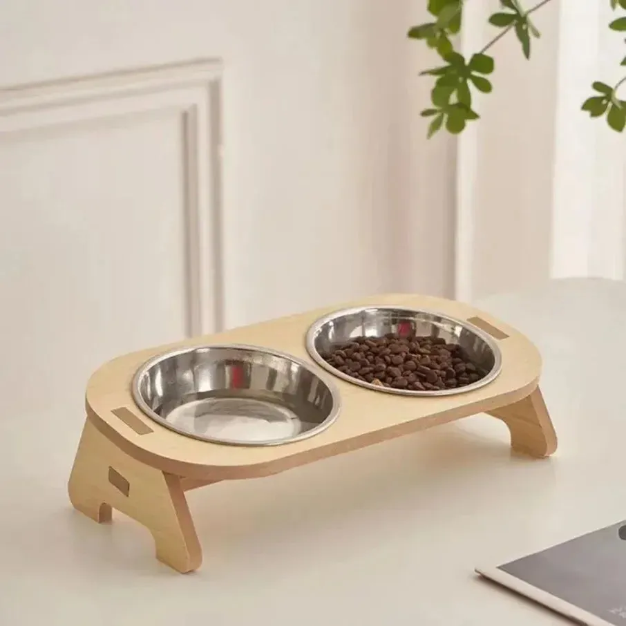 Yeknu Raised Pet Bowl Inclined Steel Food Bowls Dog Water Feeding Food Container Cat Dish Wooden Stand Pet Supplies Single/Double