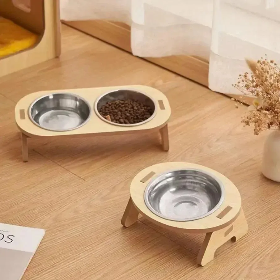 Yeknu Raised Pet Bowl Inclined Steel Food Bowls Dog Water Feeding Food Container Cat Dish Wooden Stand Pet Supplies Single/Double